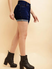 Women's Dark Navy Acid Wash Cuffed Denim Shorts