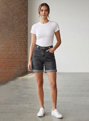 Grey Washed Denim Cuffed Shorts