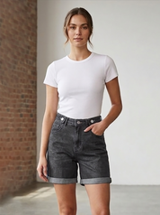 Grey Washed Denim Cuffed Shorts