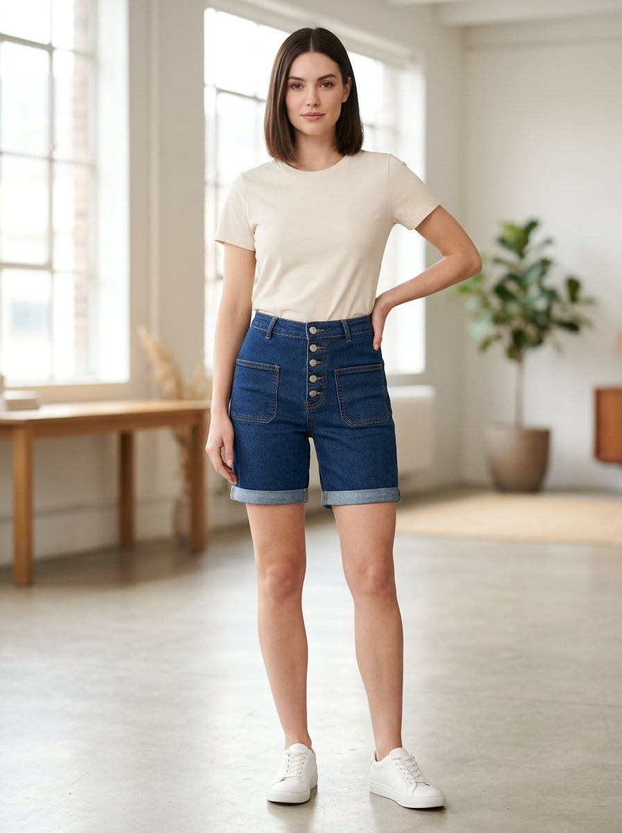 Button-Fly Denim Shorts With Pockets