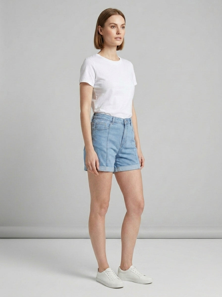 Light Wash Seamed Denim Shorts