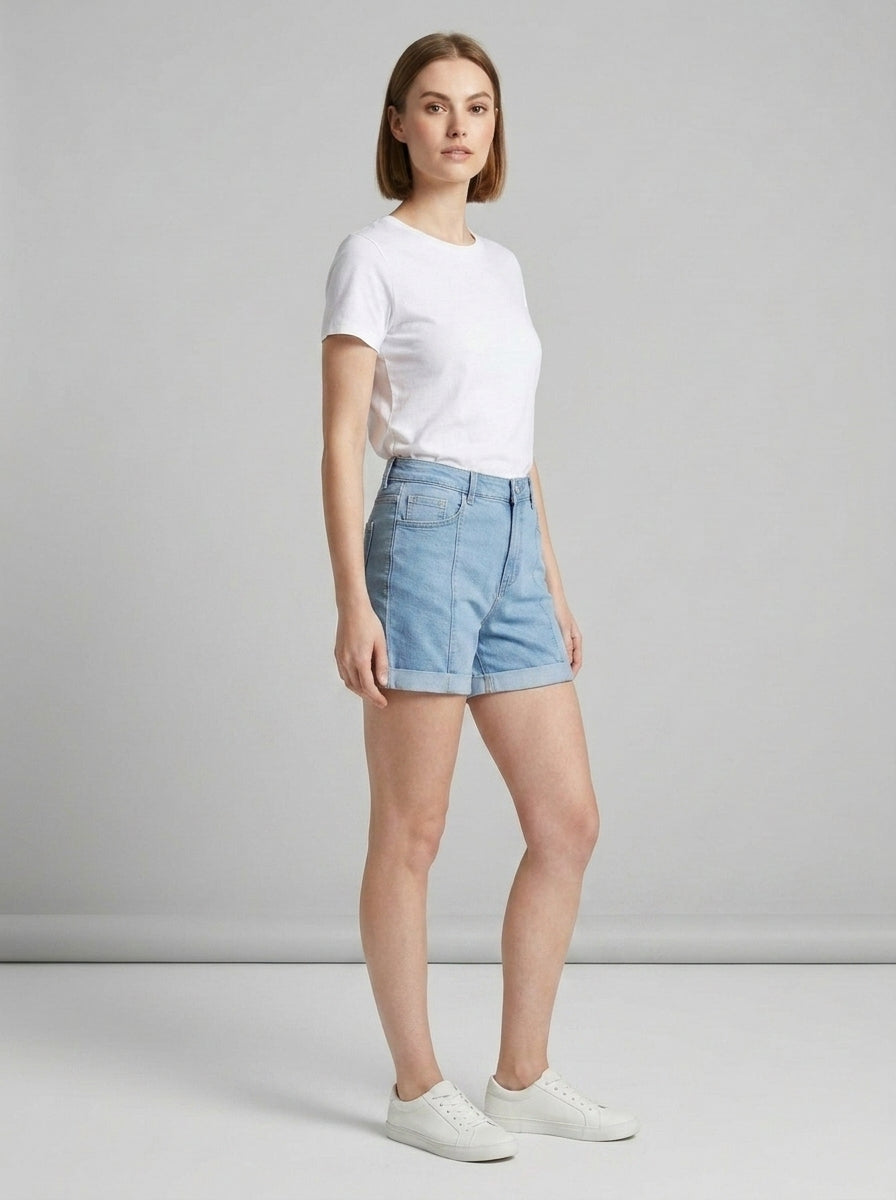 Light Wash Seamed Denim Shorts