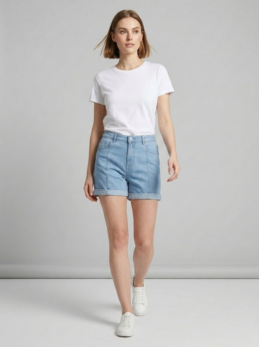 Light Wash Seamed Denim Shorts