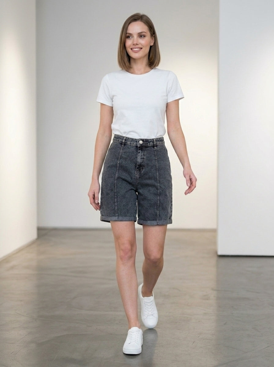 Charcoal Denim Seamed Bermuda Shorts