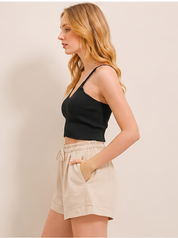 Beige Linen Paperbag Waist Shorts