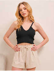 Beige Linen Paperbag Waist Shorts