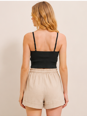 Beige Linen Paperbag Waist Shorts