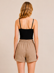 Tan Linen Drawstring Shorts