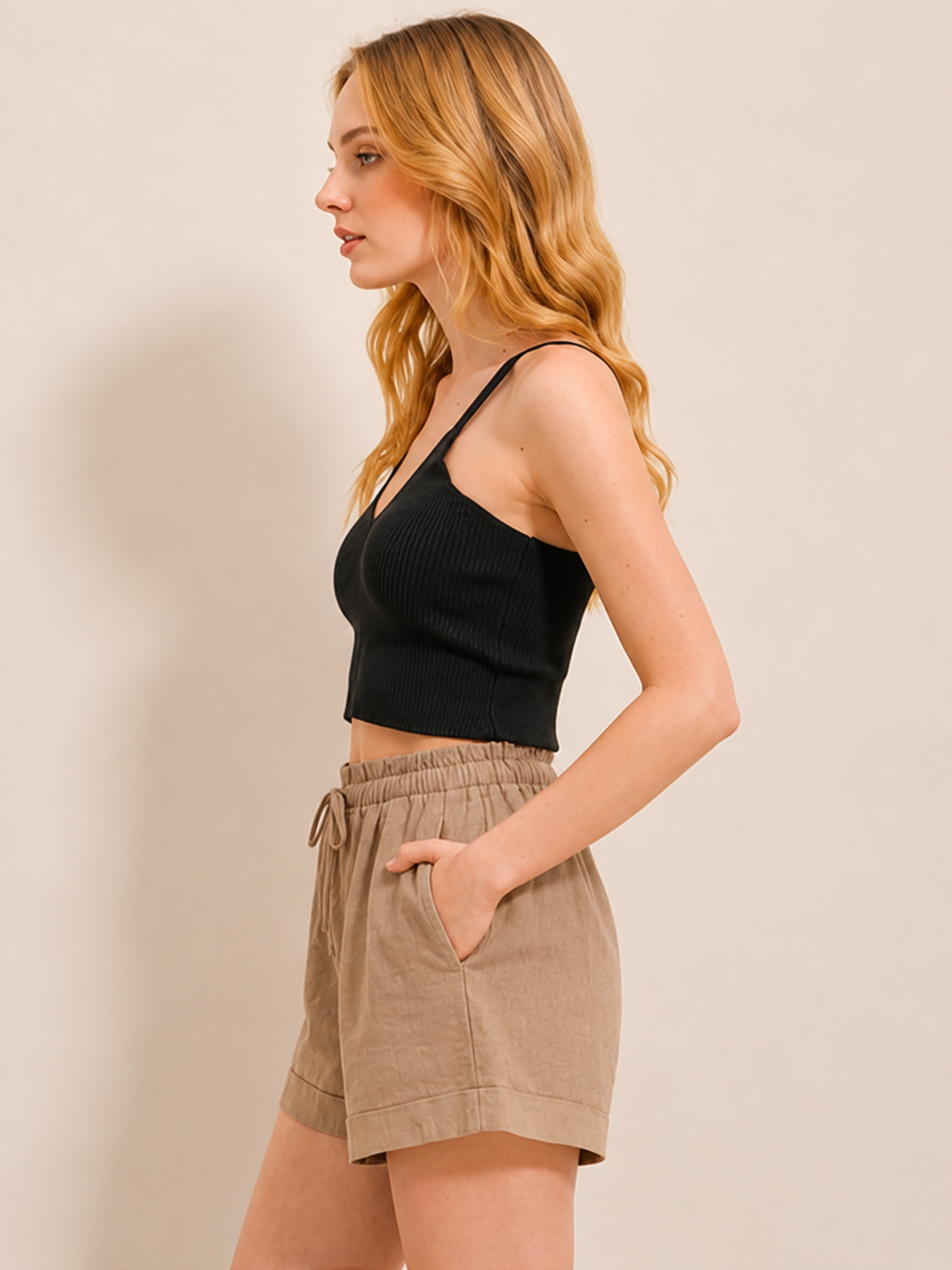 Tan Linen Drawstring Shorts