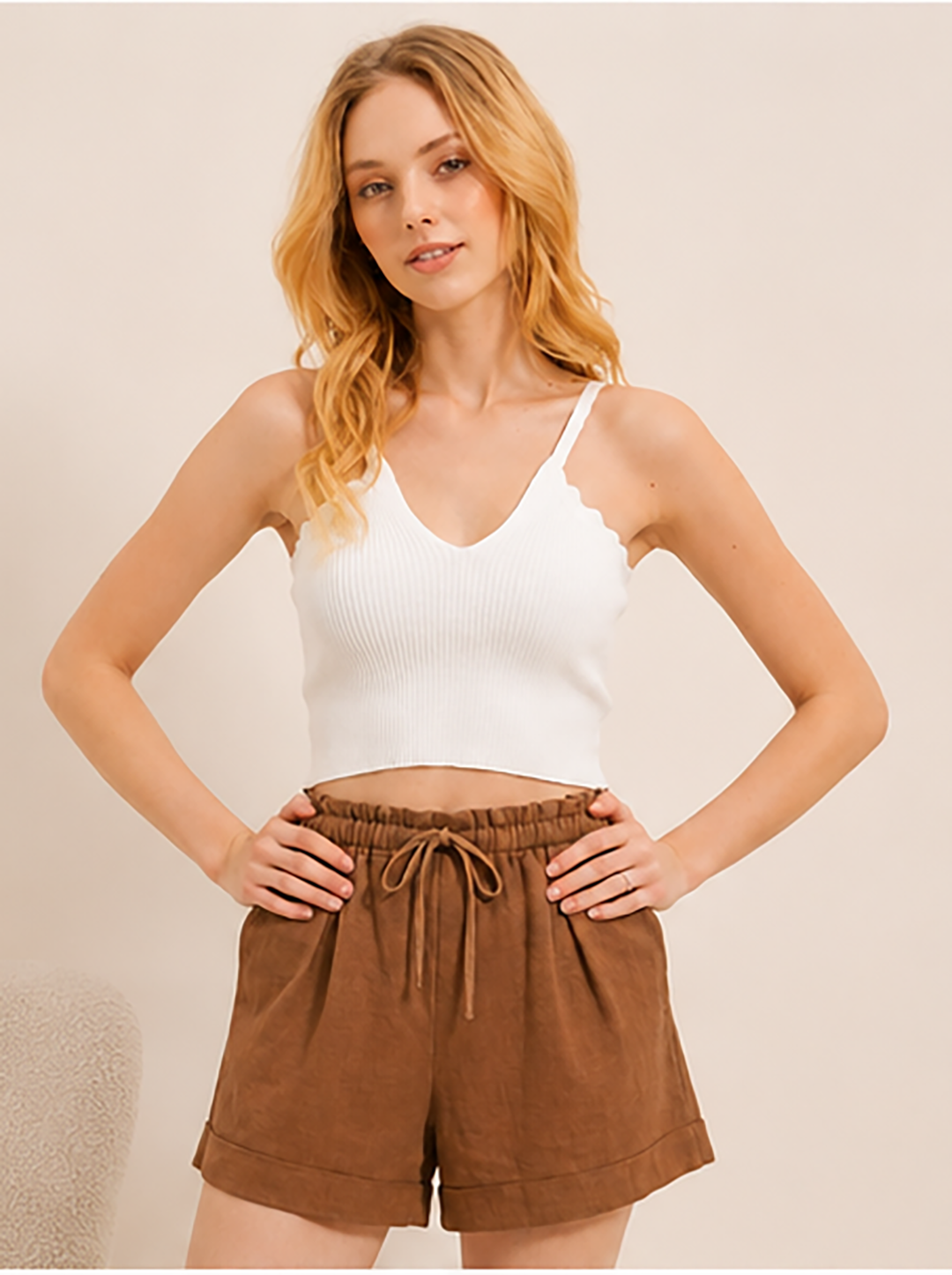 Brown Linen Paperbag Waist Shorts