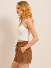Brown Linen Paperbag Waist Shorts
