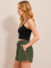Olive Green Textured Linen Shorts