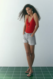 Grey Raw Hem Denim Shorts