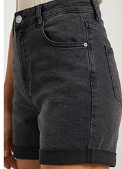 Belted Black Denim Cuffed Shorts
