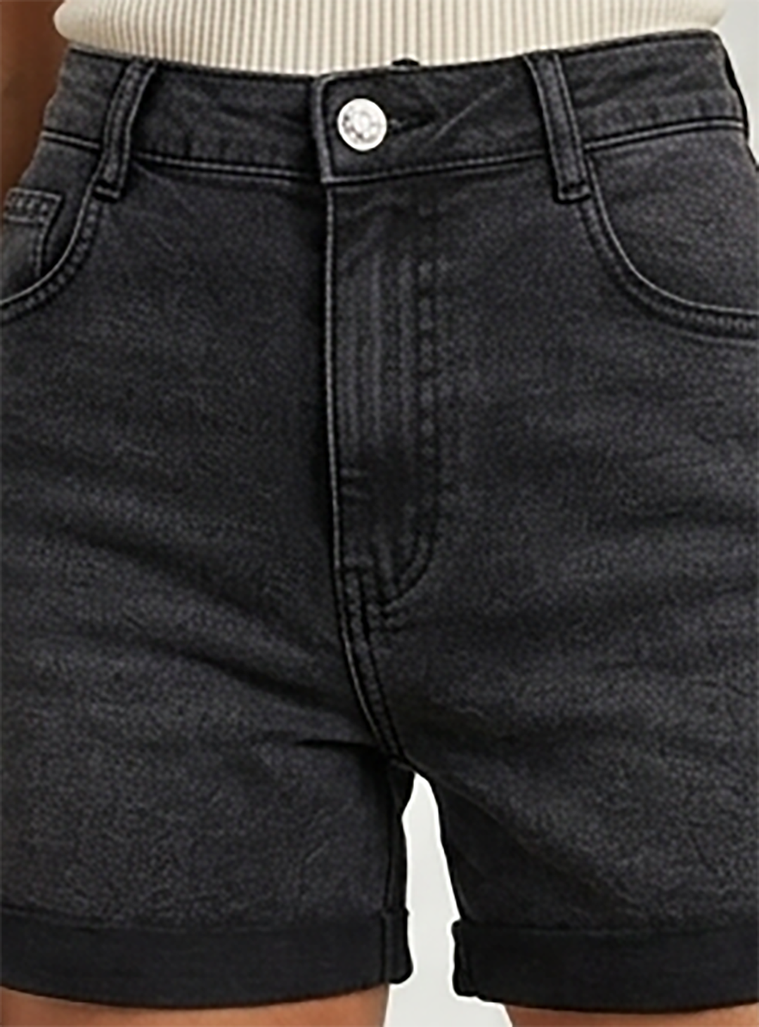 Belted Black Denim Cuffed Shorts