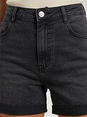 Belted Black Denim Cuffed Shorts