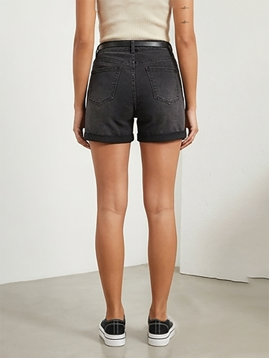 Belted Black Denim Cuffed Shorts