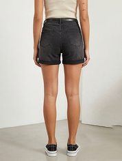 Belted Black Denim Cuffed Shorts