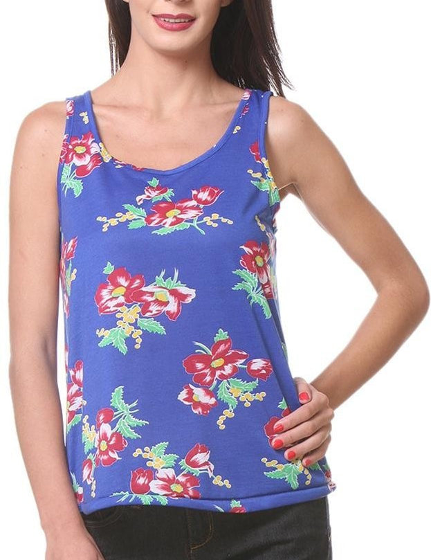 KOTTY Casual Sleeveless Floral Print Women Blue Top 
