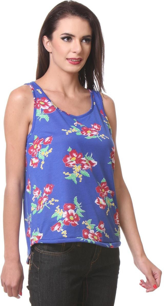 KOTTY Casual Sleeveless Floral Print Women Blue Top 