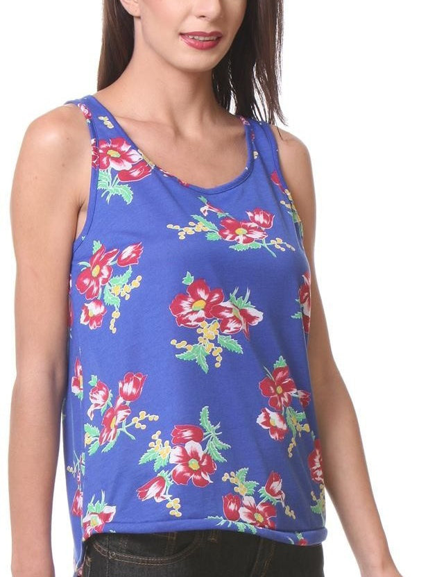 KOTTY Casual Sleeveless Floral Print Women Blue Top 