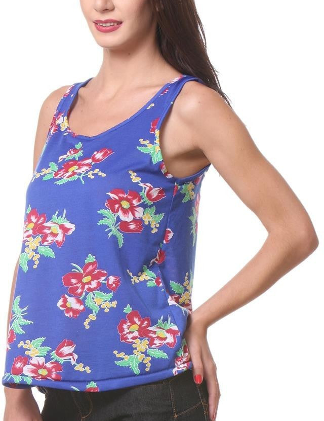 KOTTY Casual Sleeveless Floral Print Women Blue Top 