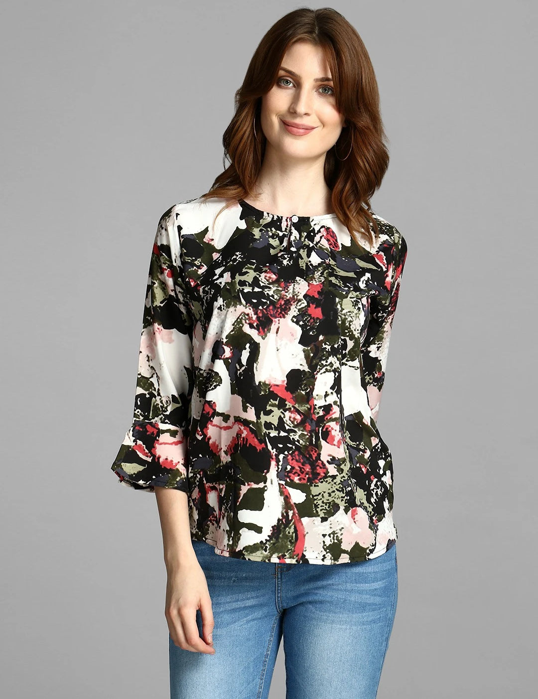 4 Sleeve Floral Print Women Multicolor Top 