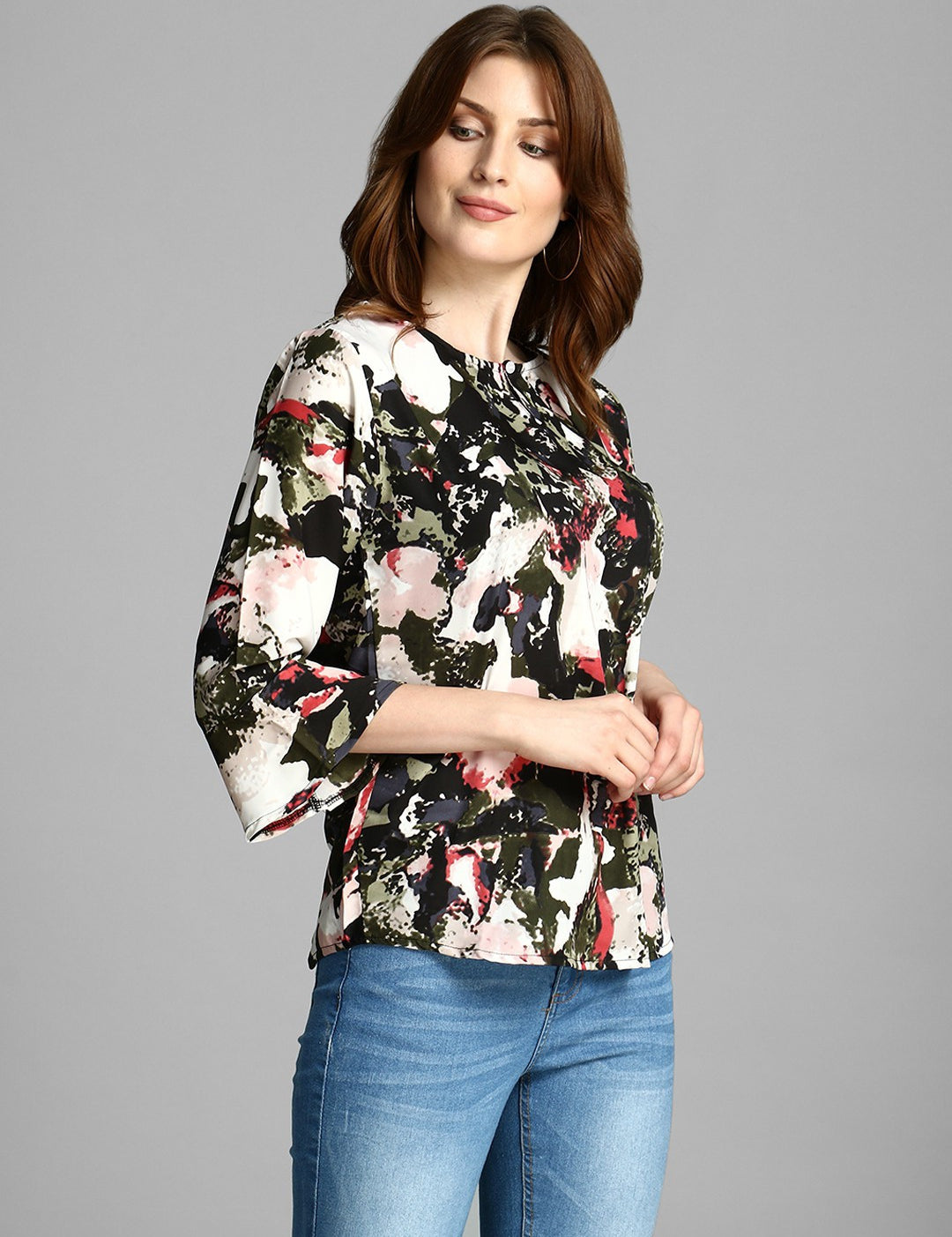 4 Sleeve Floral Print Women Multicolor Top 