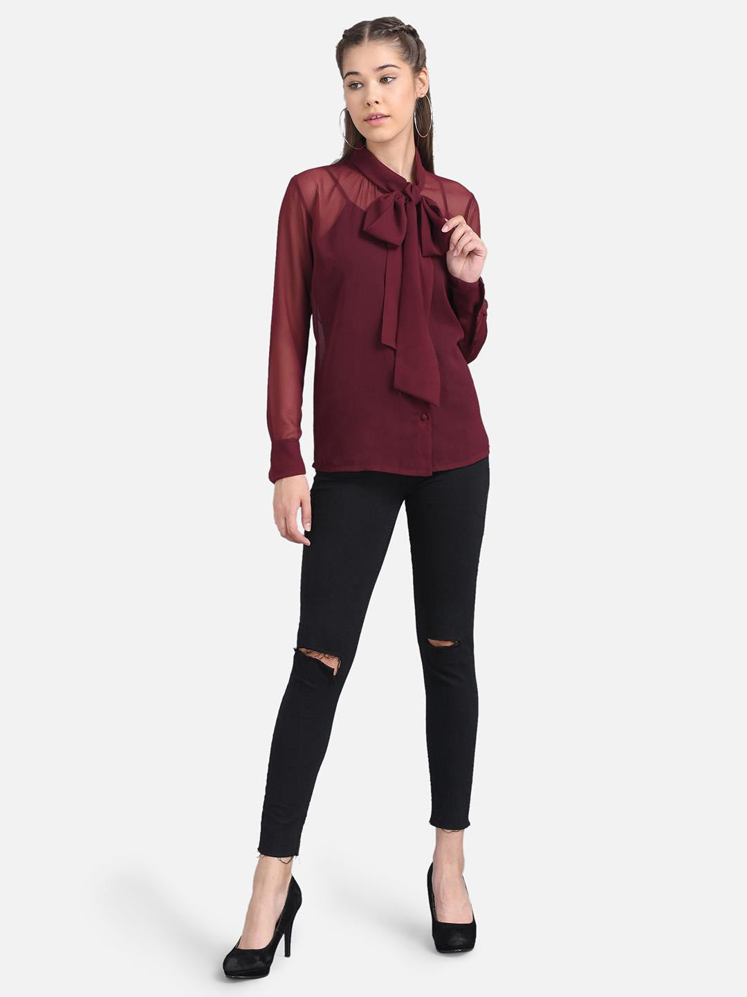 KOTTY Casual Full Sleeve Solid Women Maroon Top 