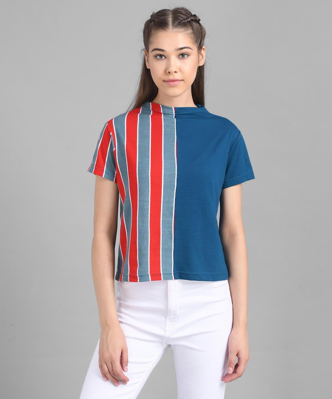 KOTTY Casual Half Sleeve Striped Women Red, Blue, Grey Top 