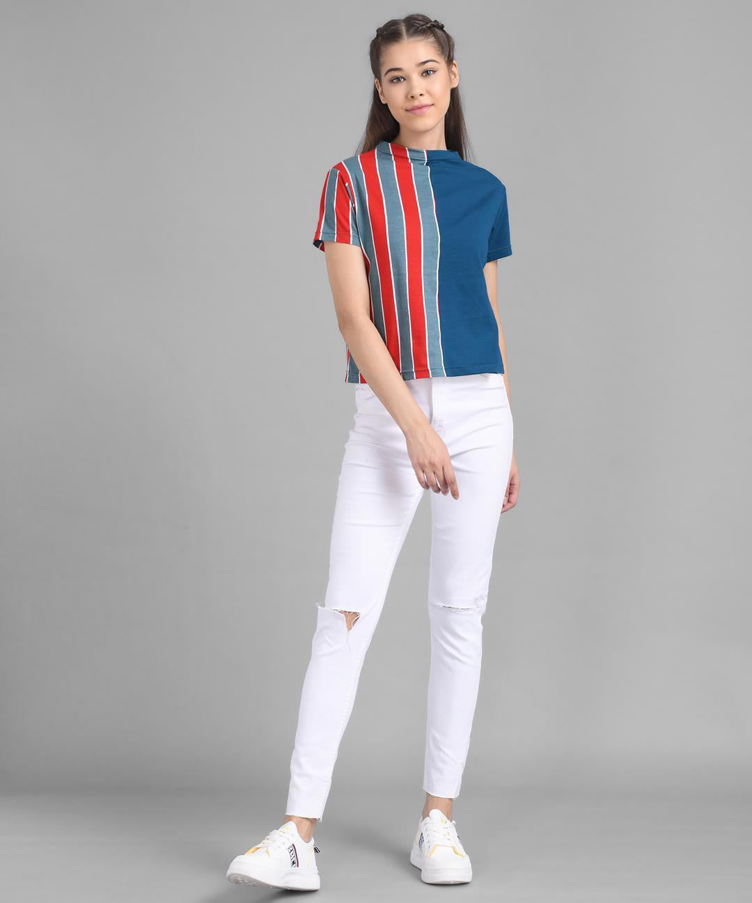 KOTTY Casual Half Sleeve Striped Women Red, Blue, Grey Top 