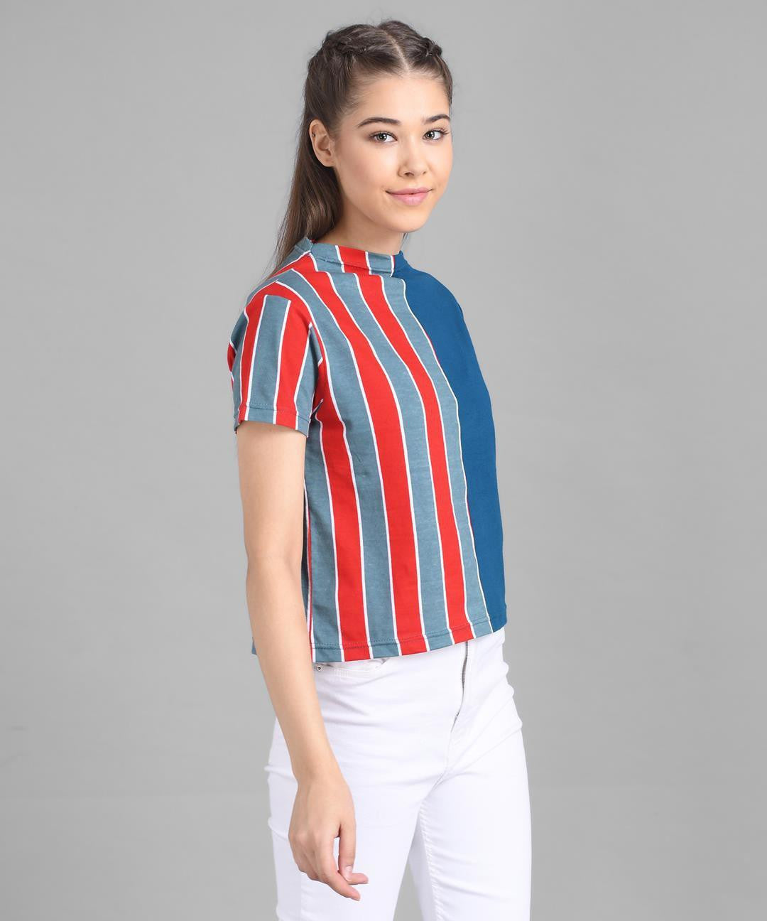KOTTY Casual Half Sleeve Striped Women Red, Blue, Grey Top 
