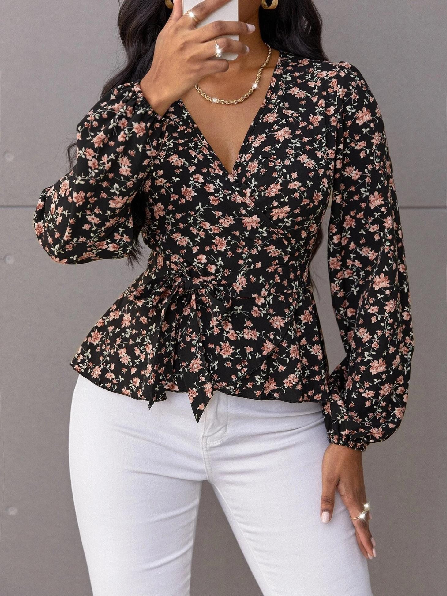 KOTTY Casual Floral Print Women Black Top 