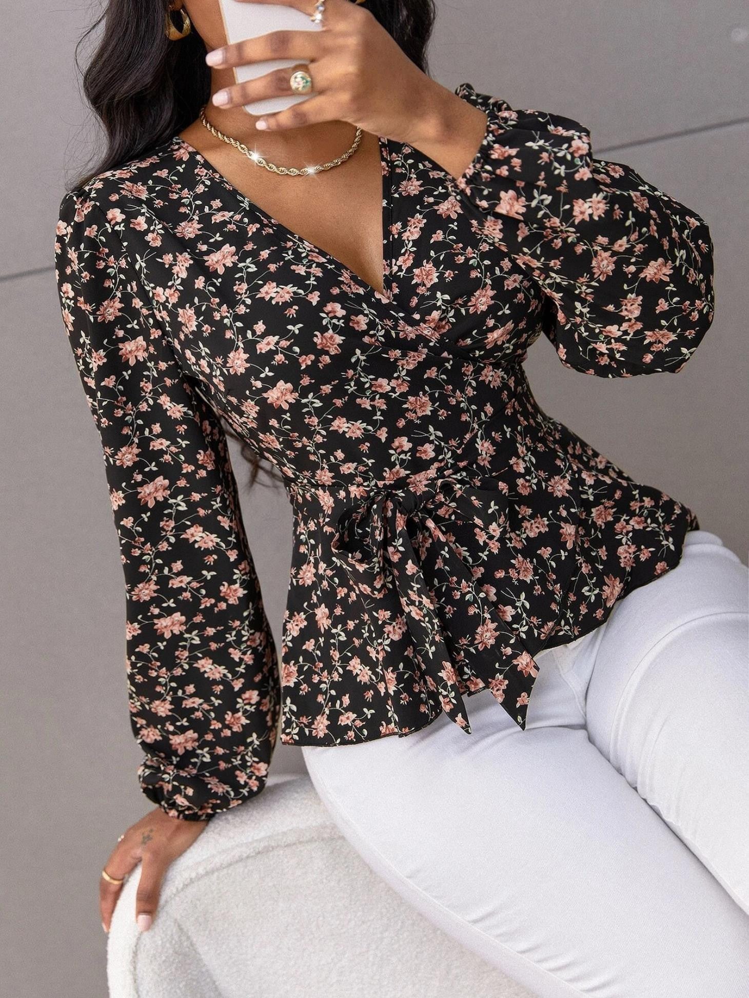 KOTTY Casual Floral Print Women Black Top 