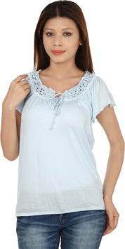 KOTTY Casual Butterfly Sleeve Solid Women Light Blue Top 