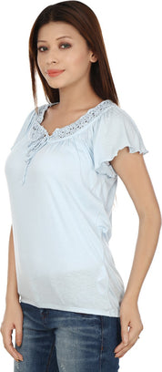 KOTTY Casual Butterfly Sleeve Solid Women Light Blue Top 
