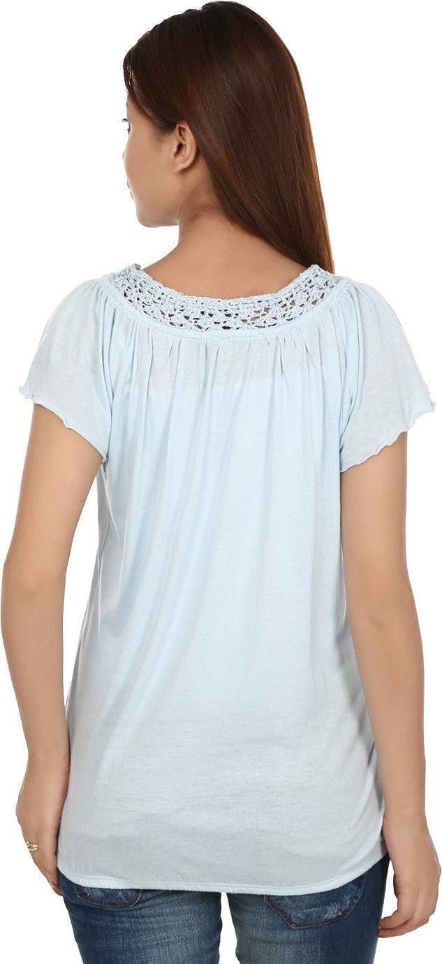 KOTTY Casual Butterfly Sleeve Solid Women Light Blue Top 