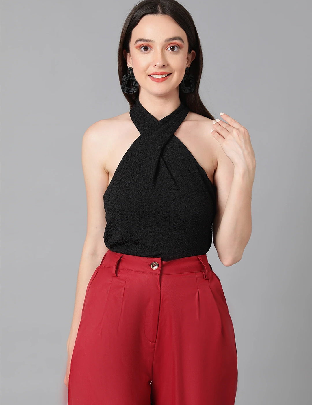 KOTTY Casual Self Design Women Black Top 