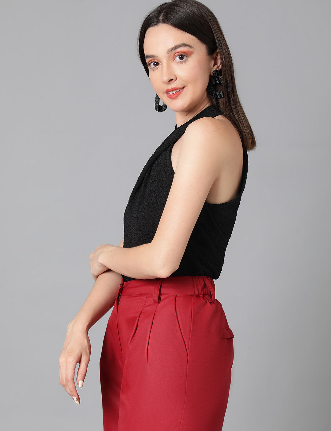 KOTTY Casual Self Design Women Black Top 