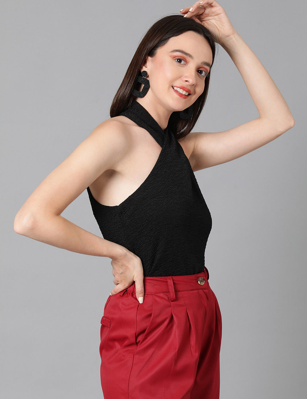 KOTTY Casual Self Design Women Black Top 