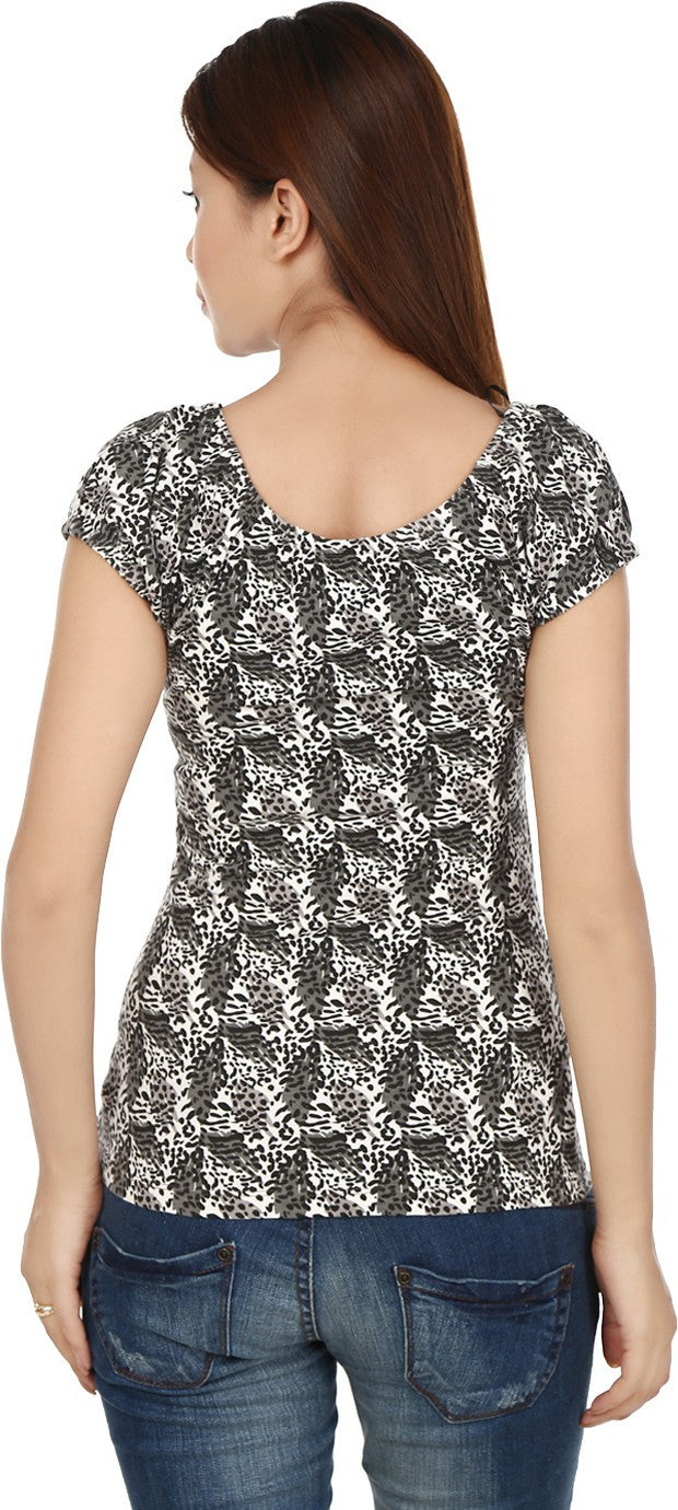 KOTTY Casual Short Sleeve Animal Print Women White, Grey Top 