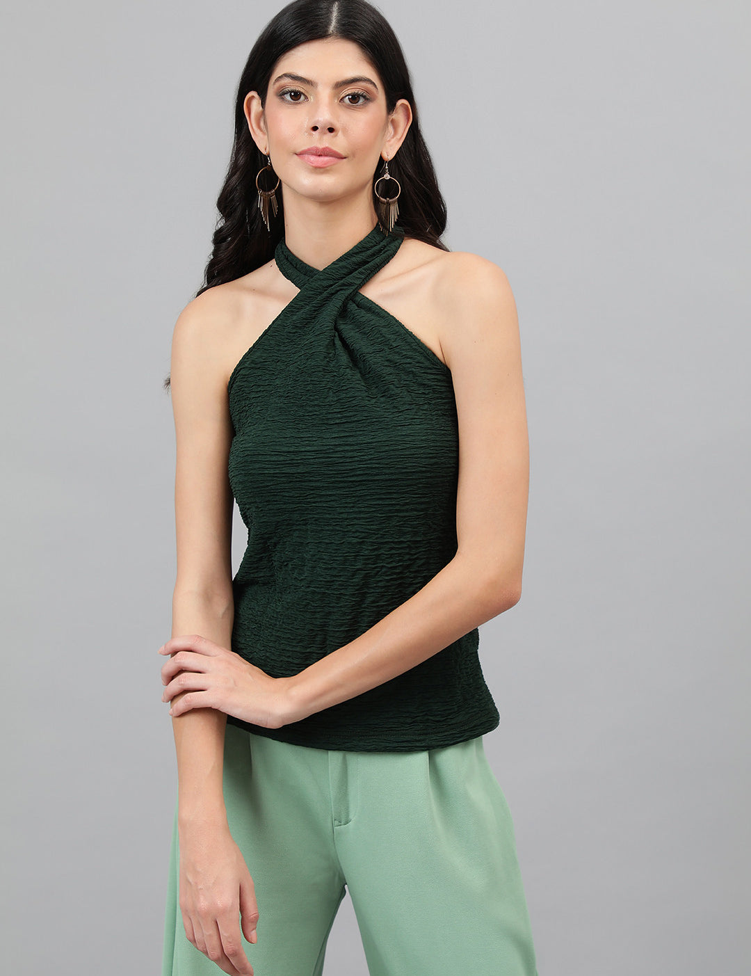 KOTTY Casual Self Design Women Green Top 