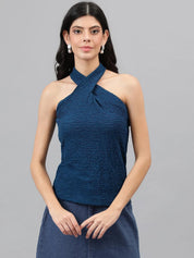 KOTTY Casual Self Design Women Dark Blue Top 