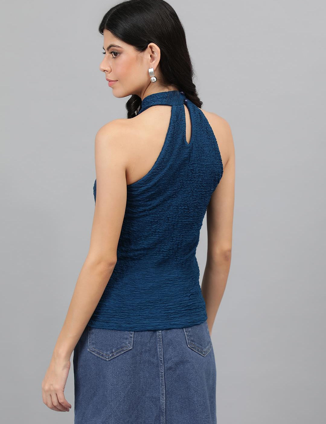 KOTTY Casual Self Design Women Dark Blue Top 