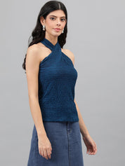 KOTTY Casual Self Design Women Dark Blue Top 