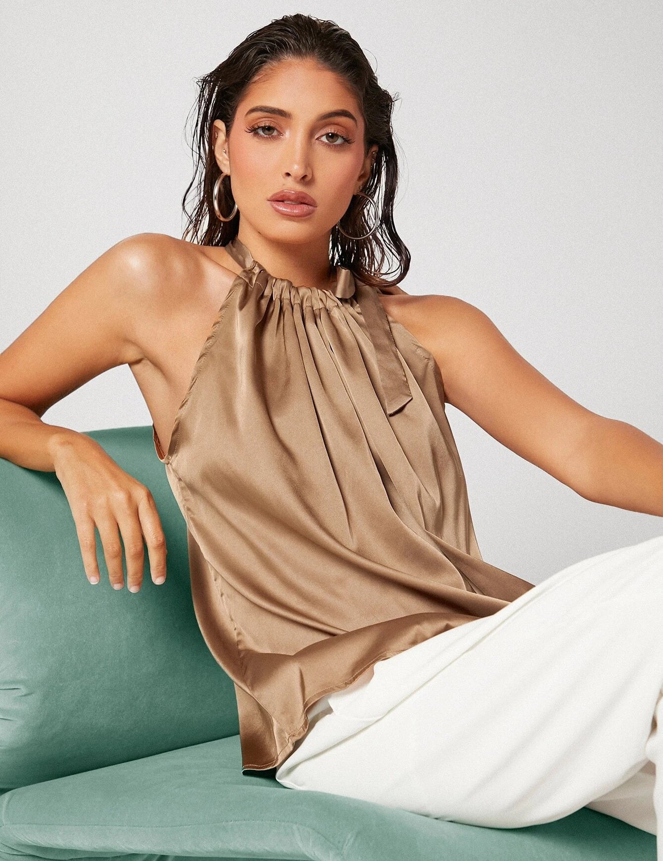 KOTTY Casual Solid Women Beige Top 