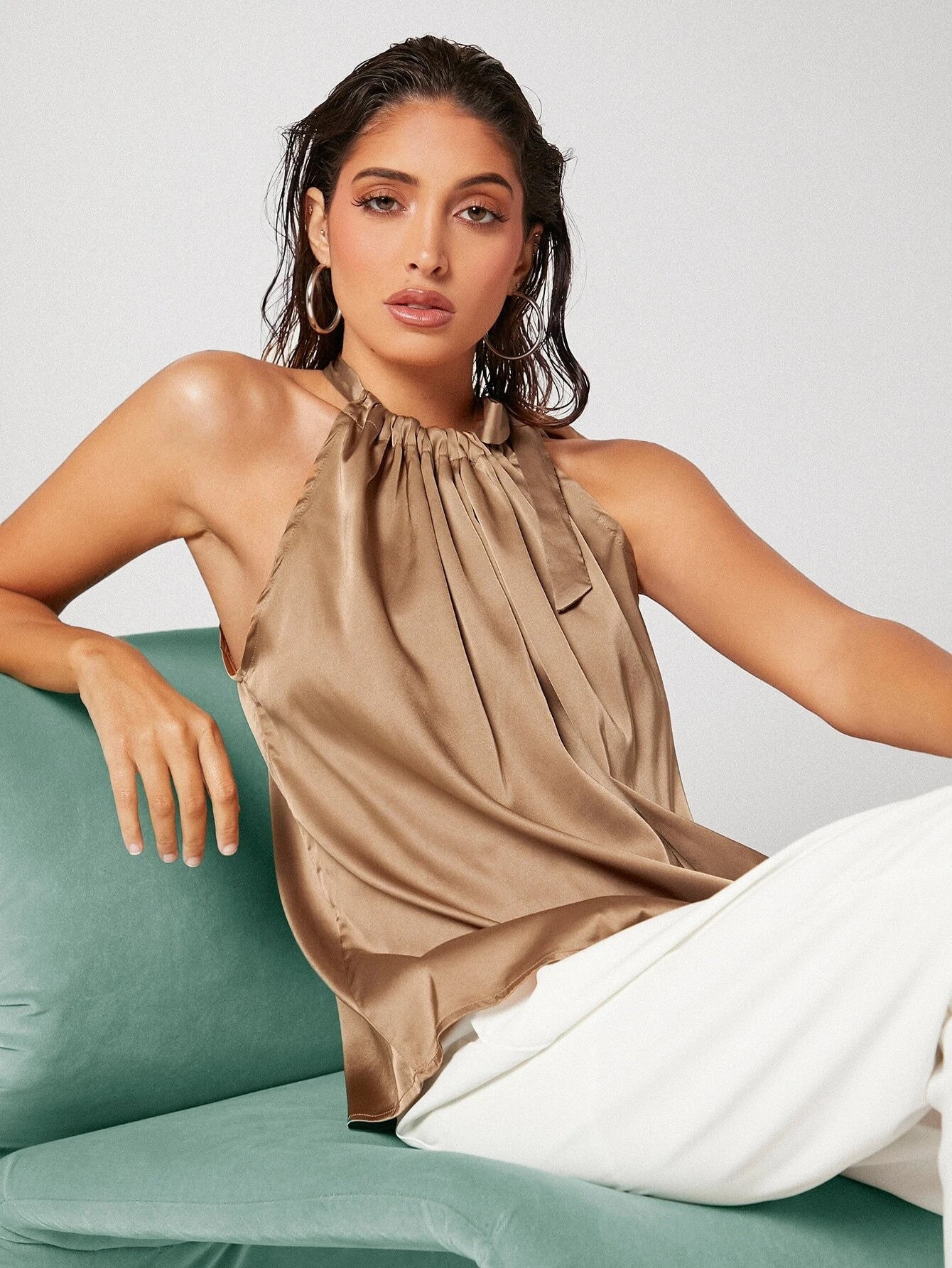 KOTTY Casual Solid Women Beige Top 