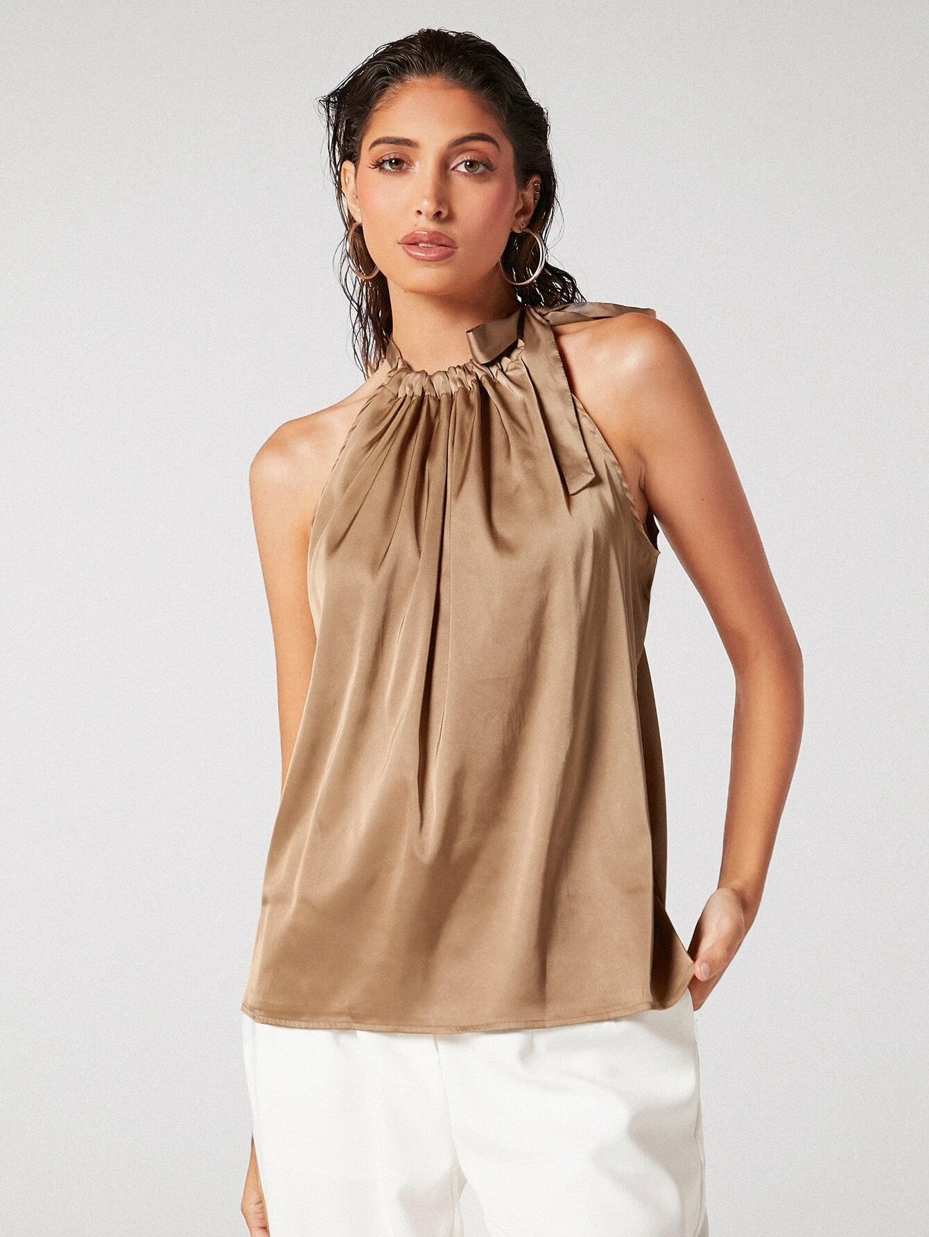 KOTTY Casual Solid Women Beige Top 