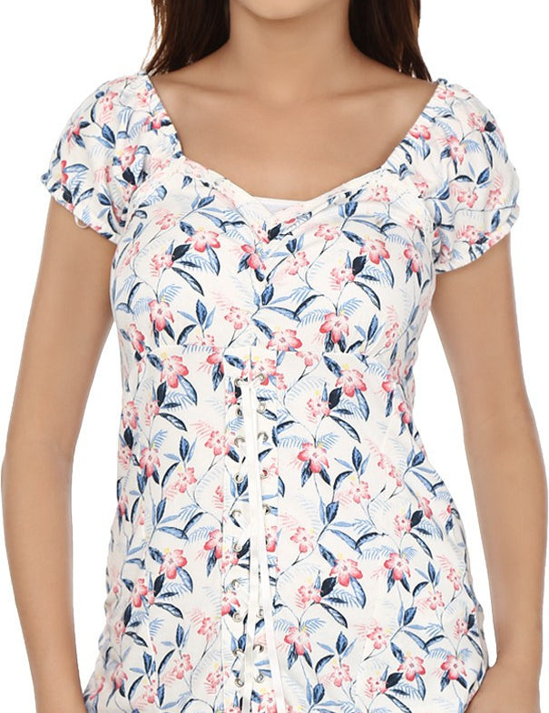 KOTTY Casual Short Sleeve Floral Print Women White, Blue Top 