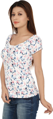 KOTTY Casual Short Sleeve Floral Print Women White, Blue Top 